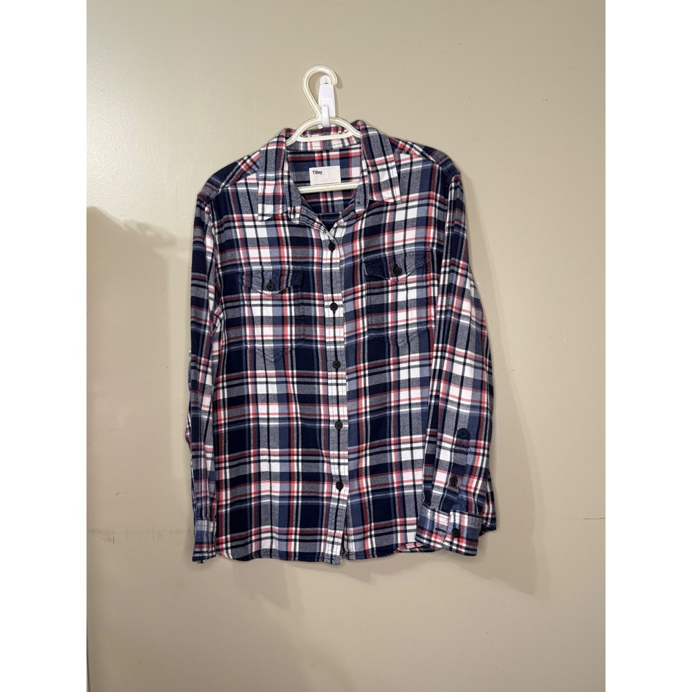 Tilley Mens Navy Blue Red White Plaid Flannel Button Down Shirt Outdoor L/S